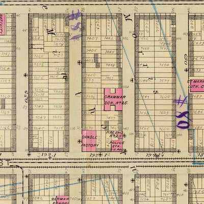 Alte Karte von East Village, New York City, 1879: Tompkins Square, Stuyvesant Park, Steam Railways.
