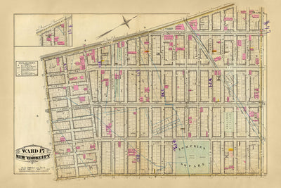 Alte Karte von East Village, New York City, 1879: Tompkins Square, Stuyvesant Park, Steam Railways.
