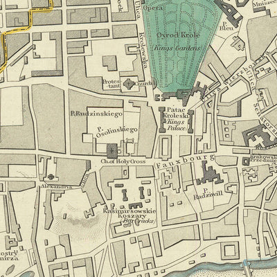 Ancienne carte de Varsovie, 1870 : Vistule, vieille ville, parc Łazienki, château royal, musée de l'Insurrection de Varsovie