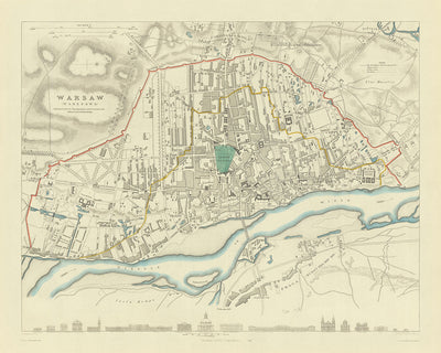 Ancienne carte de Varsovie, 1870 : Vistule, vieille ville, parc Łazienki, château royal, musée de l'Insurrection de Varsovie