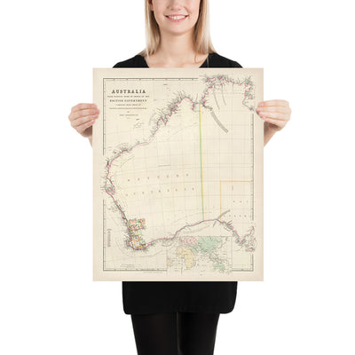 Mapa antiguo de Australia Occidental de Arrowsmith, 1844: Perth, Adelaida, costas, condados, descubrimientos