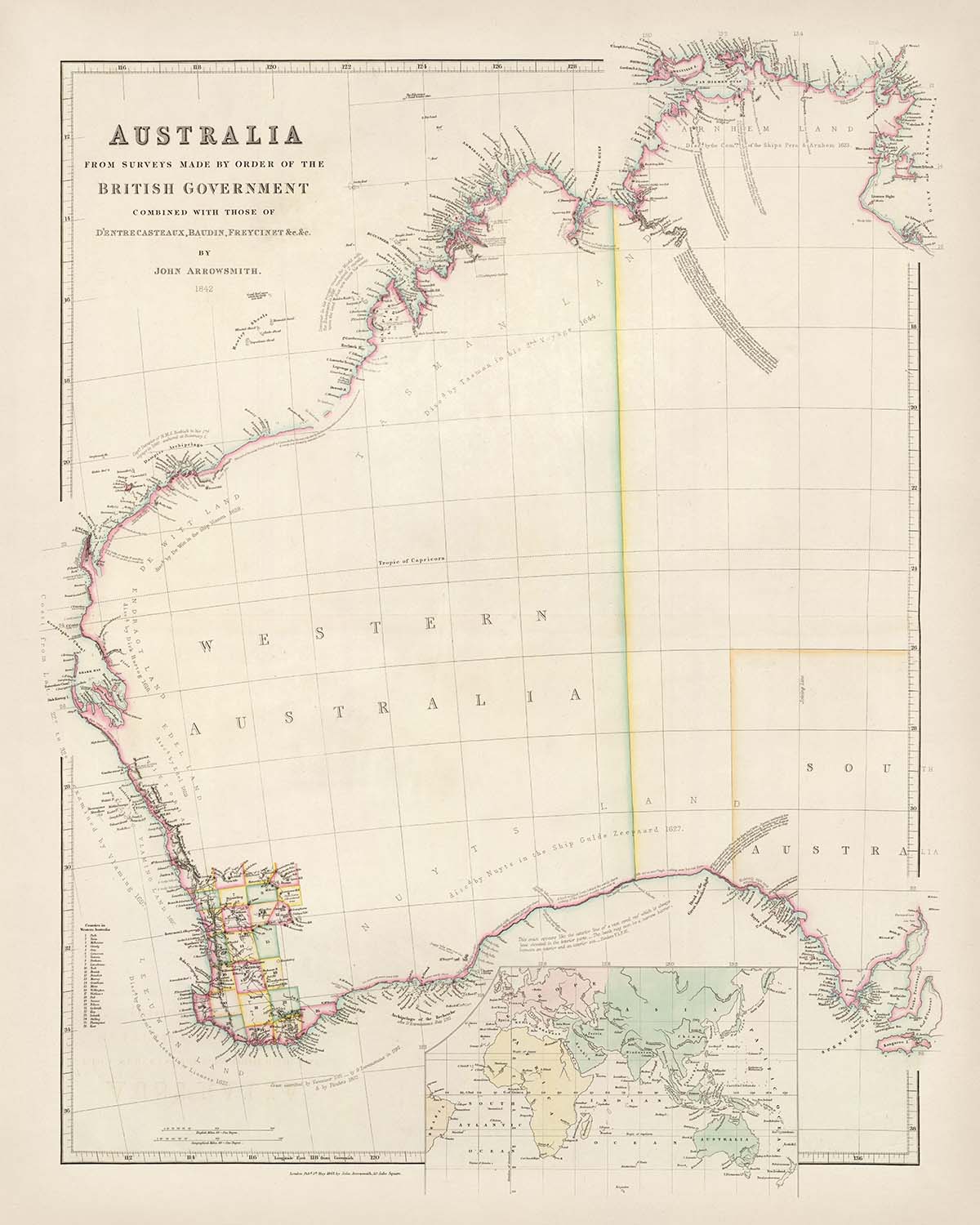 Mapa antiguo de Australia Occidental de Arrowsmith, 1844: Perth, Adelaida, costas, condados, descubrimientos