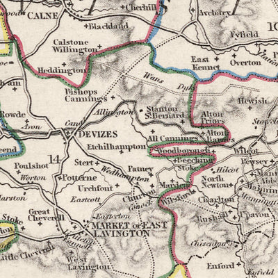 Old Map of Wiltshire by Samuel Lewis, 1844: Salisbury, Devizes, Marlborough, Chippenham, Stonehenge