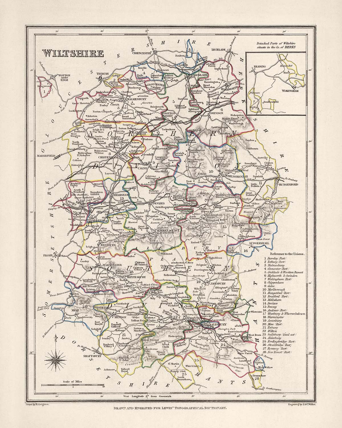 Old Map of Wiltshire by Samuel Lewis, 1844: Salisbury, Devizes, Marlborough, Chippenham, Stonehenge