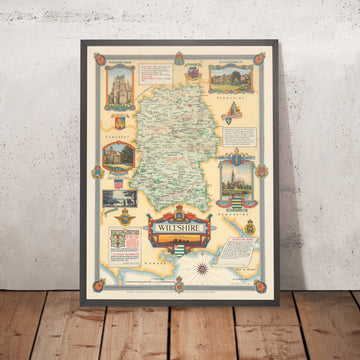 Ancienne carte illustrée du Wiltshire par Clegg, 1946 : Swindon, Salisbury, Stonehenge, l&