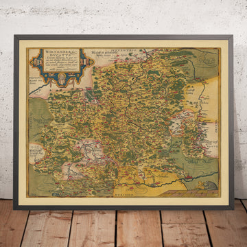 Antigua mapa de Würrtemberg por Ortelius, 1587: Stuttgart, Ulm, Alemania, río Neckar, bosques 