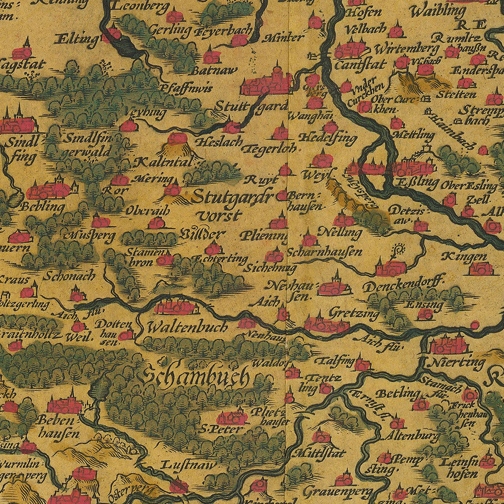 Alte Karte von Württemberg von Ortelius, 1587: Stuttgart, Neckar, Befestigungen, Wälder, Grenzen