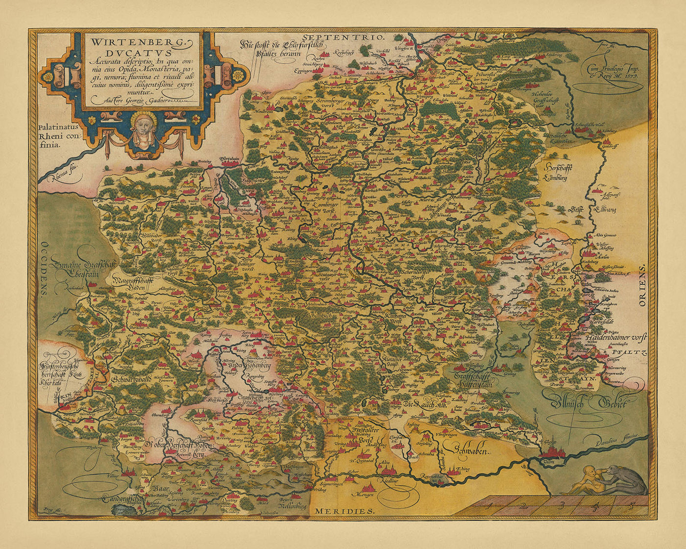 Old Map of Württemberg by Ortelius, 1587: Stuttgart, Ulm, Germany, Neckar River, Forests