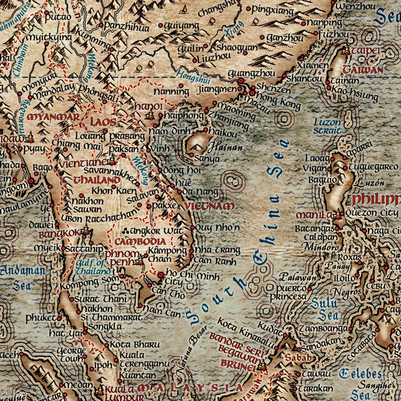Alte Weltkarte Herr der Ringe Weltkarte, 2022: Fantasy-Stil, detaillierte geografische Merkmale, Vintage-Look