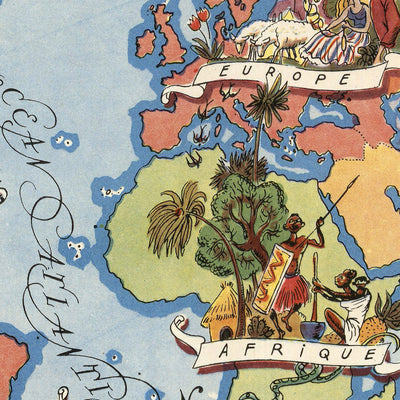 Old Pictorial World Map von Liozu, 1951: Künstlerische Illustrationen, Heraldic, Nach dem Zweiten Weltkrieg