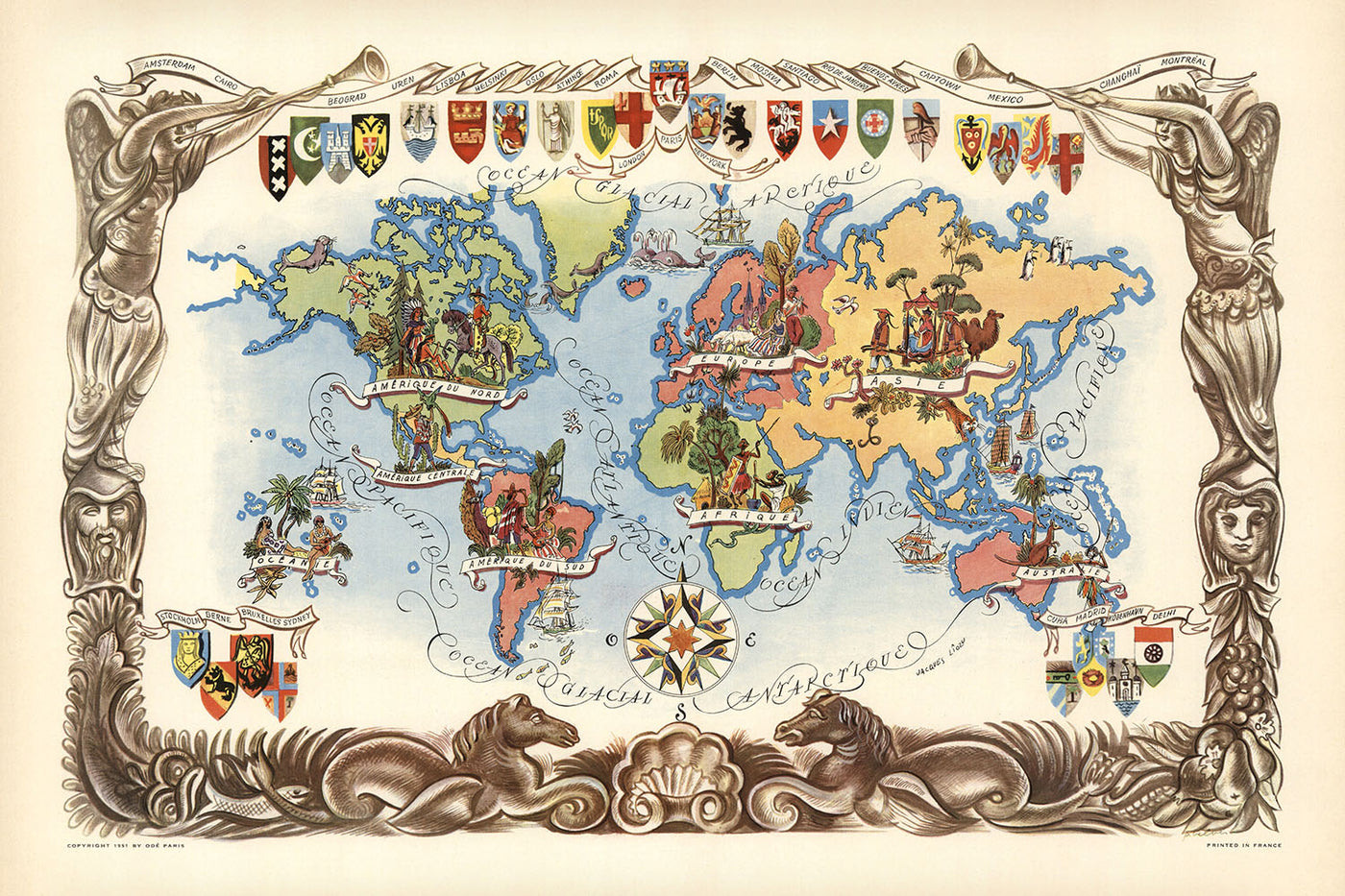 Old Pictorial World Map von Liozu, 1951: Künstlerische Illustrationen, Heraldic, Nach dem Zweiten Weltkrieg