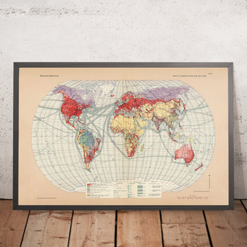 Vecchia mappa infografica delle comunicazioni sulla superficie del mondo, 1967: rotte marittime, rotte aeree, fusi orari 