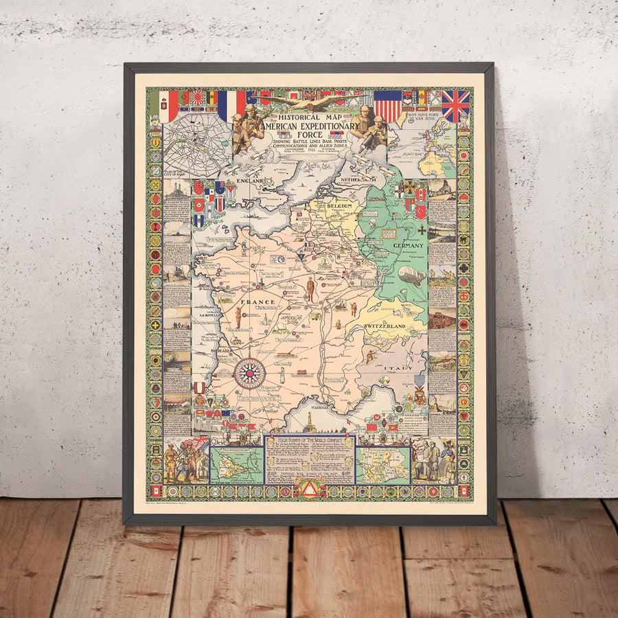 Ancienne carte de la Première Guerre mondiale Front occidental, 1932 : AEF, Ligne Hindenburg, Paris, Meuse-Argonne, Saint-Mihiel 