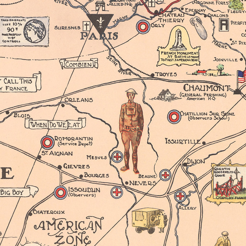 Ancienne carte picturale du front occidental par Stiles, 1932 : AEF, Paris, Meuse-Argonne, Saint-Mihiel, ligne Hindenburg