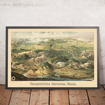 Old Birdseye Map of Yellowstone National Park by Wellge, 1904: Northern Pacific Park Line, Rivers, Lakes, Mt Sheridan