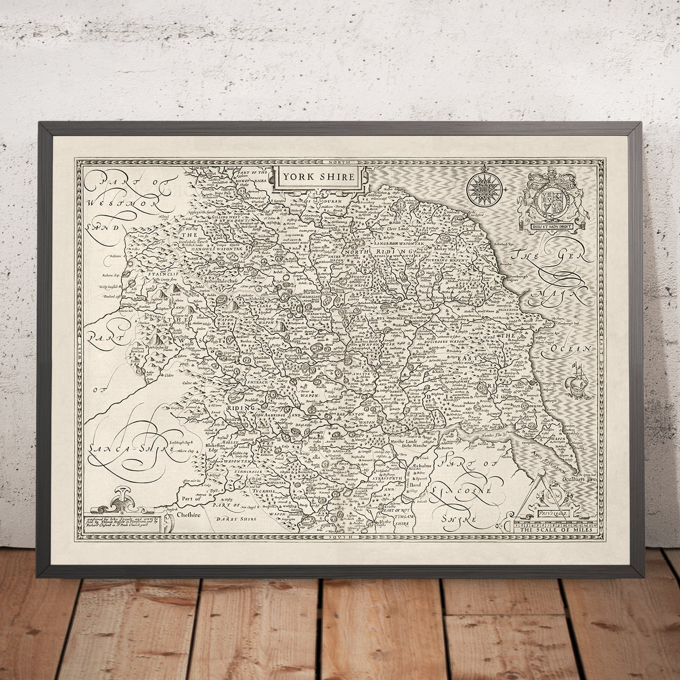 Ancienne Carte de Yorkshire, 1611, John Vitesse - Hull, York, Middlesbrough, Sheffield, Leeds