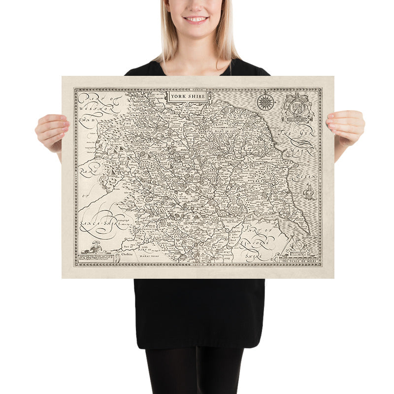 Ancienne Carte de Yorkshire, 1611, John Vitesse - Hull, York, Middlesbrough, Sheffield, Leeds