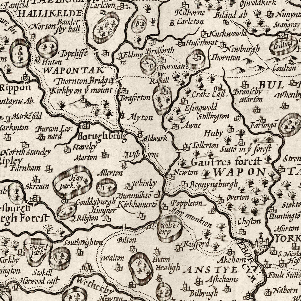 Ancienne Carte de Yorkshire, 1611, John Vitesse - Hull, York, Middlesbrough, Sheffield, Leeds