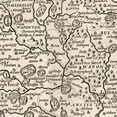 Ancienne Carte de Yorkshire, 1611, John Vitesse - Hull, York, Middlesbrough, Sheffield, Leeds