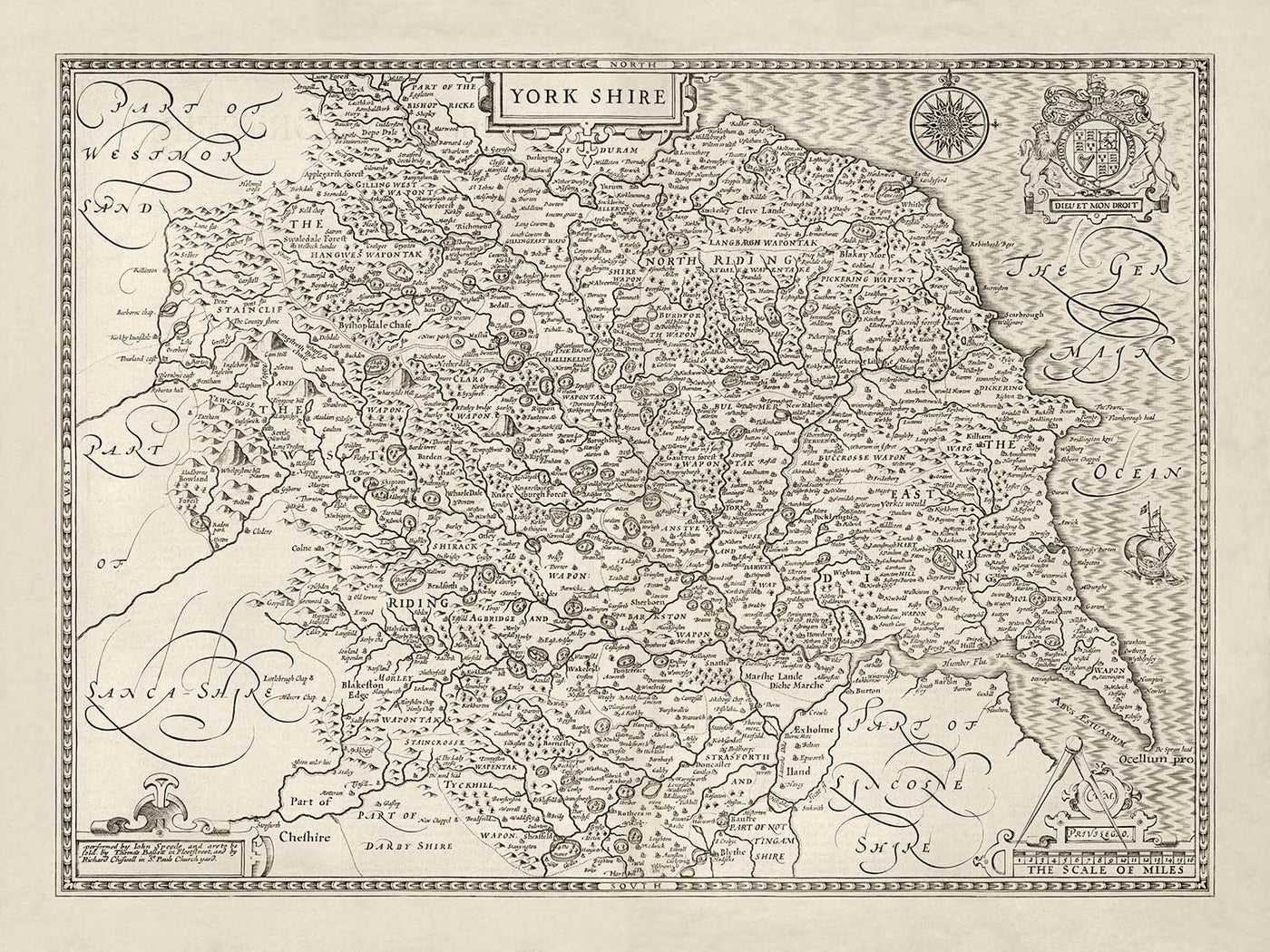 Ancienne Carte de Yorkshire, 1611, John Vitesse - Hull, York, Middlesbrough, Sheffield, Leeds