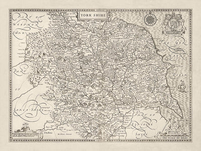 Ancienne Carte de Yorkshire, 1611, John Vitesse - Hull, York, Middlesbrough, Sheffield, Leeds