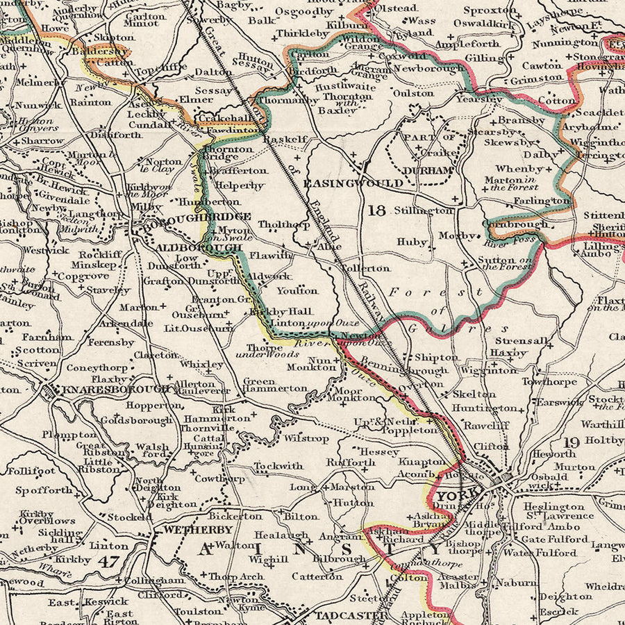Vecchia mappa dello Yorkshire di Samuel Lewis, 1844: Leeds, Sheffield, Bradford, Kingston upon Hull e York 