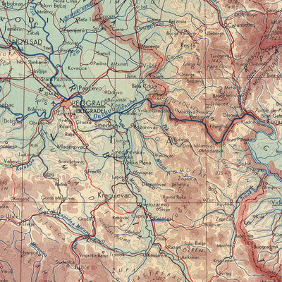 Mapa del Viejo Mundo de Yugoslavia y los países del Danubio realizado por el Servicio de Topografía del Ejército Polaco, 1967: Mapa físico y político detallado, recuadro de Belgrado, proyección de Mercator