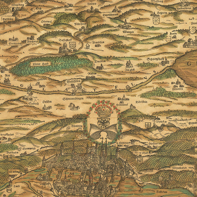 Ancienne carte picturale de Zurich par Murer, 1566 : Zurich, Winterthour, lac de Zurich, montagnes, têtes de vent