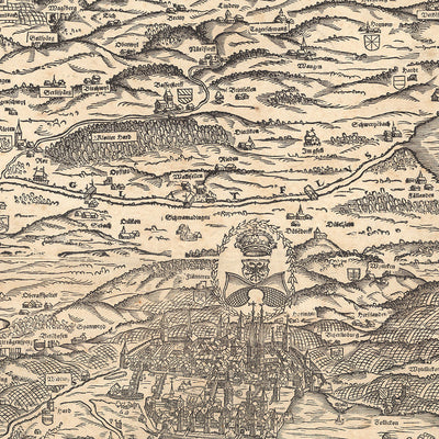 Mapa antiguo ilustrado de Zúrich, realizado por Murer en 1566: Zúrich, Winterthur, lago de Zúrich, montañas y puntos de referencia del viento