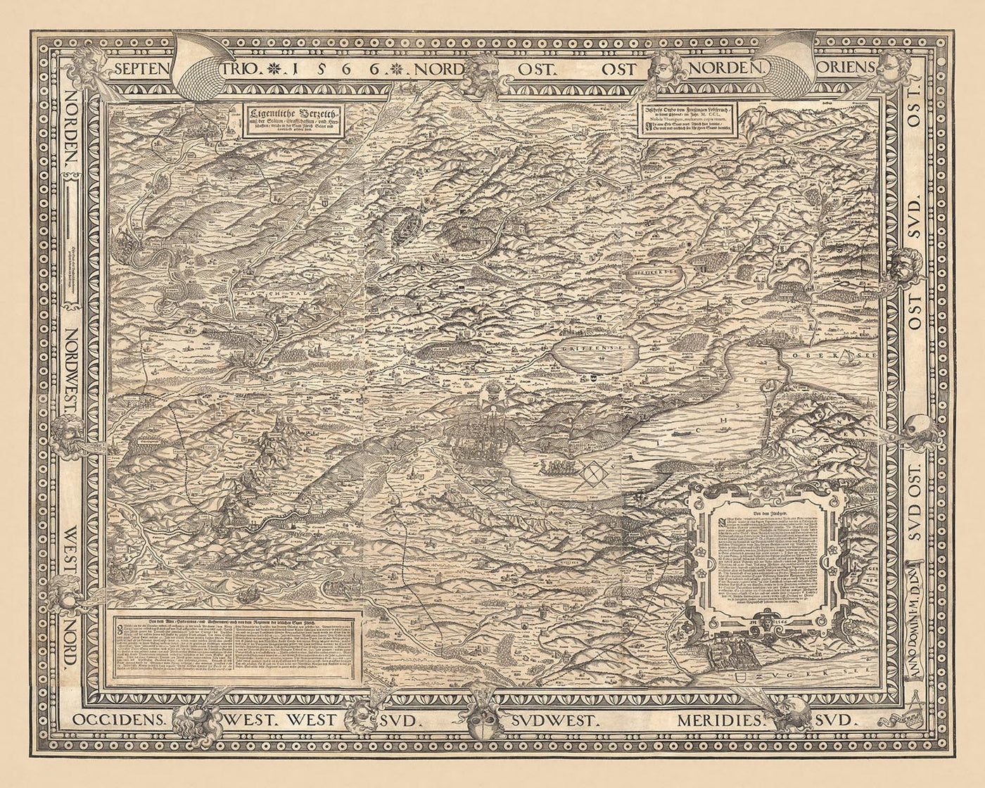 Ancienne carte picturale de Zurich par Murer, 1566 : Zurich, Winterthour, lac de Zurich, montagnes, têtes de vent