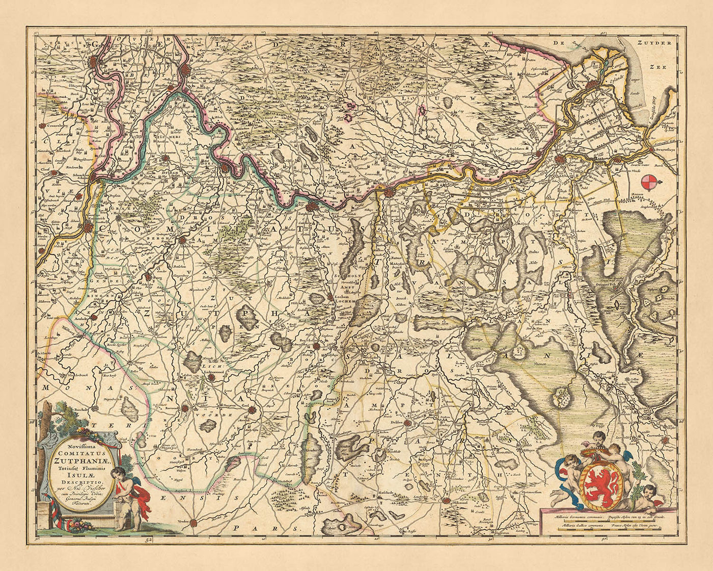 Alte Karte von Zutphen von Visscher, 1690: Apeldoorn, Arnheim, Nijmegen, Deventer, Nationalpark De Hoge Veluwe