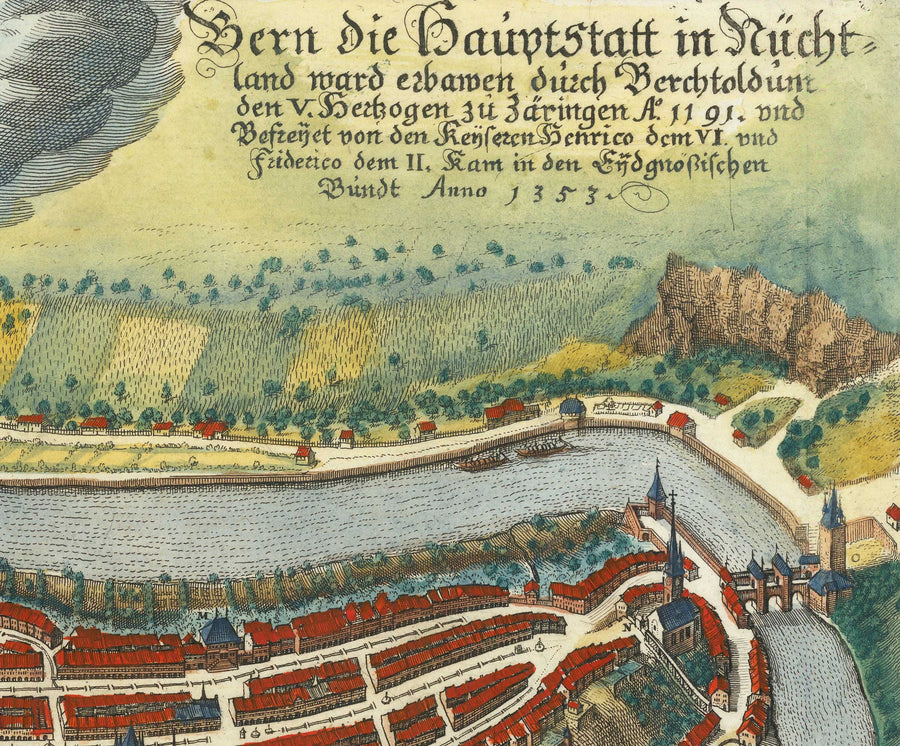 Vecchia mappa di Berna nel 1645 di Merian Matthaus - 300° anniversario della Confederazione svizzera 