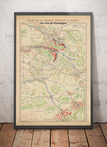 Alte Champagner-Weinbergkarte, Frankreich, 1944 von Louis Larmat - Reims, Epernay, Troyes, Chatau-Thierry, Bar-Sur-Seine 