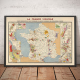Mapa antiguo de viñedos en Francia "La France Vinicole", 1939 - Burdeos, Borgoña, Champaña, Cotes Du Rhone, Bergeracois