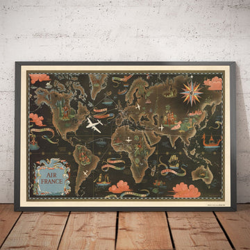 Old Air France World Carte, 1947 par Lucien Boucher - Grand parcours de route d&