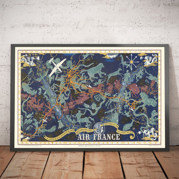 Mappa del Mondo Zodiac Air France, 1939 di Lucien Boucher - Carta Celeste del Percorso Storico degli Aeromobili 