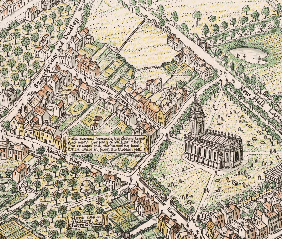 Antica mappa pittorica di Birmingham nel 1730 di Bernard Sleigh 