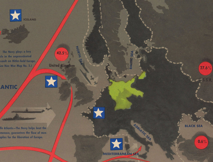 NAVWARMAP N ° 6 - Old World War 2 map, 1944 - Carte éducative et propagande de la marine américaine - Maritime Allies vs. Tableau mural nazi