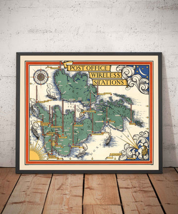 Antiguo mapa pictórico de las estaciones inalámbricas de la Oficina de Correos por Macdonald Gill en 1939 - Islas Británicas, GPO, Radio, Televisión, Telegrama