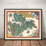 Ancienne carte illustrée des stations radio de la poste par Macdonald Gill en 1939 - Îles britanniques, GPO, Radio, Télévision, Télégramme
