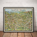 Ancienne Carte de Silicon Valley, 1982 - Pictorial Tableau de MountainView, Sunnyvale, Cupertino, San Jose, Fremont