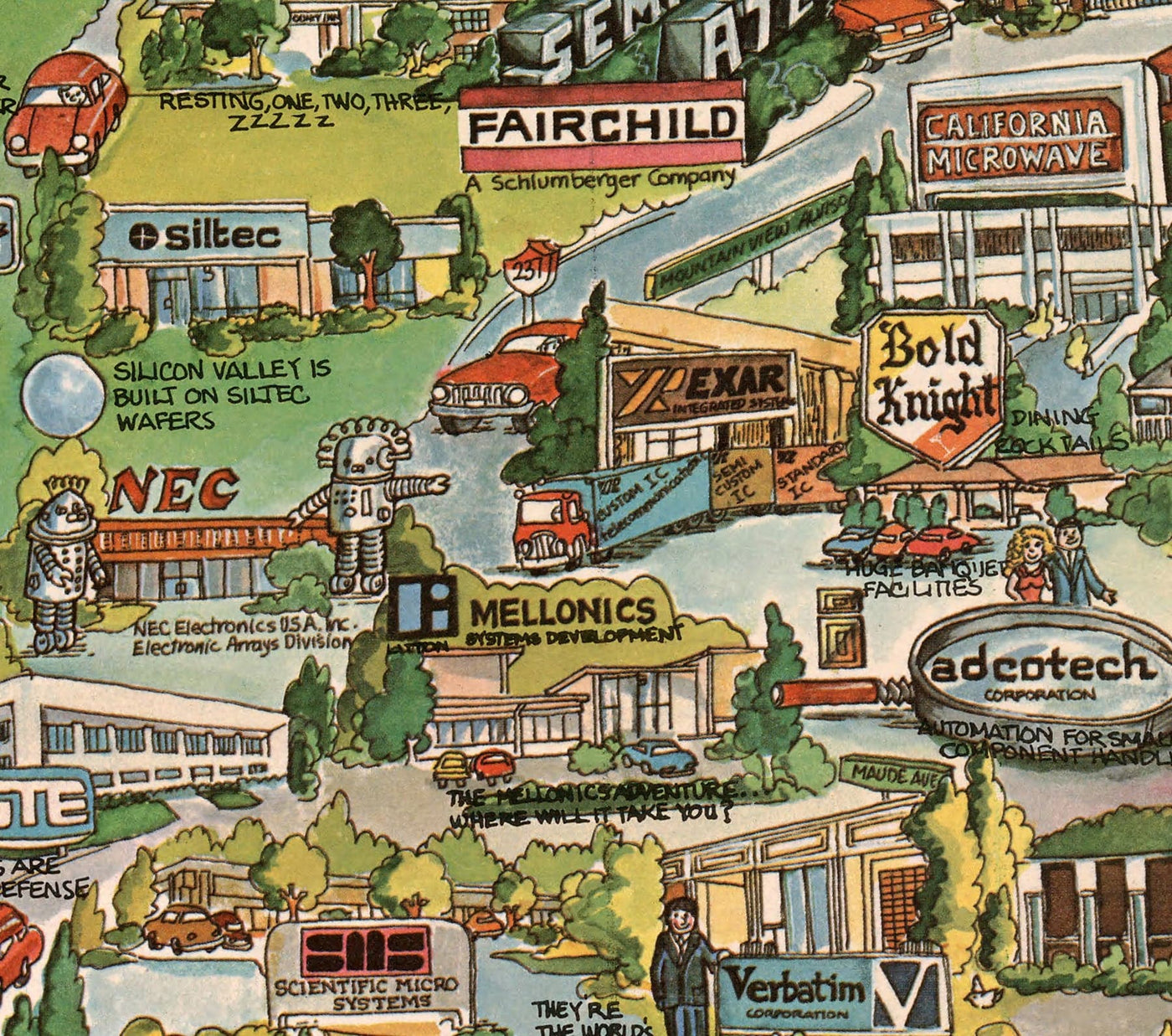 Ancienne Carte de Silicon Valley, 1982 - Pictorial Tableau de MountainView, Sunnyvale, Cupertino, San Jose, Fremont