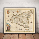 Alte Karte von Sizilien im Jahr 1640 von Willem Blaeu - Palermo, Catania, Marsala, Mittelmeer, Messina 