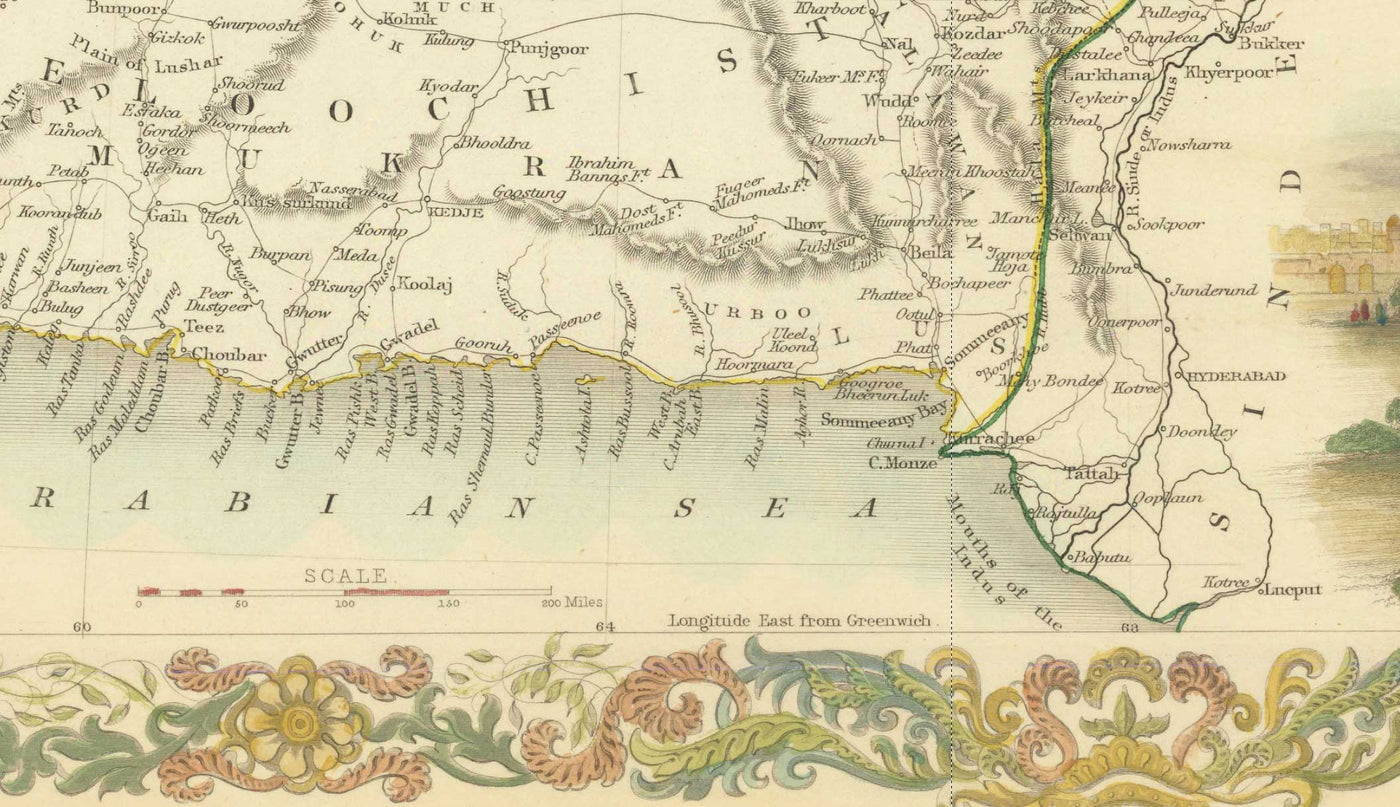 Alte Karte von Pakistan und Afghanistan, 1851 von Tallis und Rapkin - Cabool, Punjab, Iran, Kaschmir, Belutschistan, Arabisches Meer