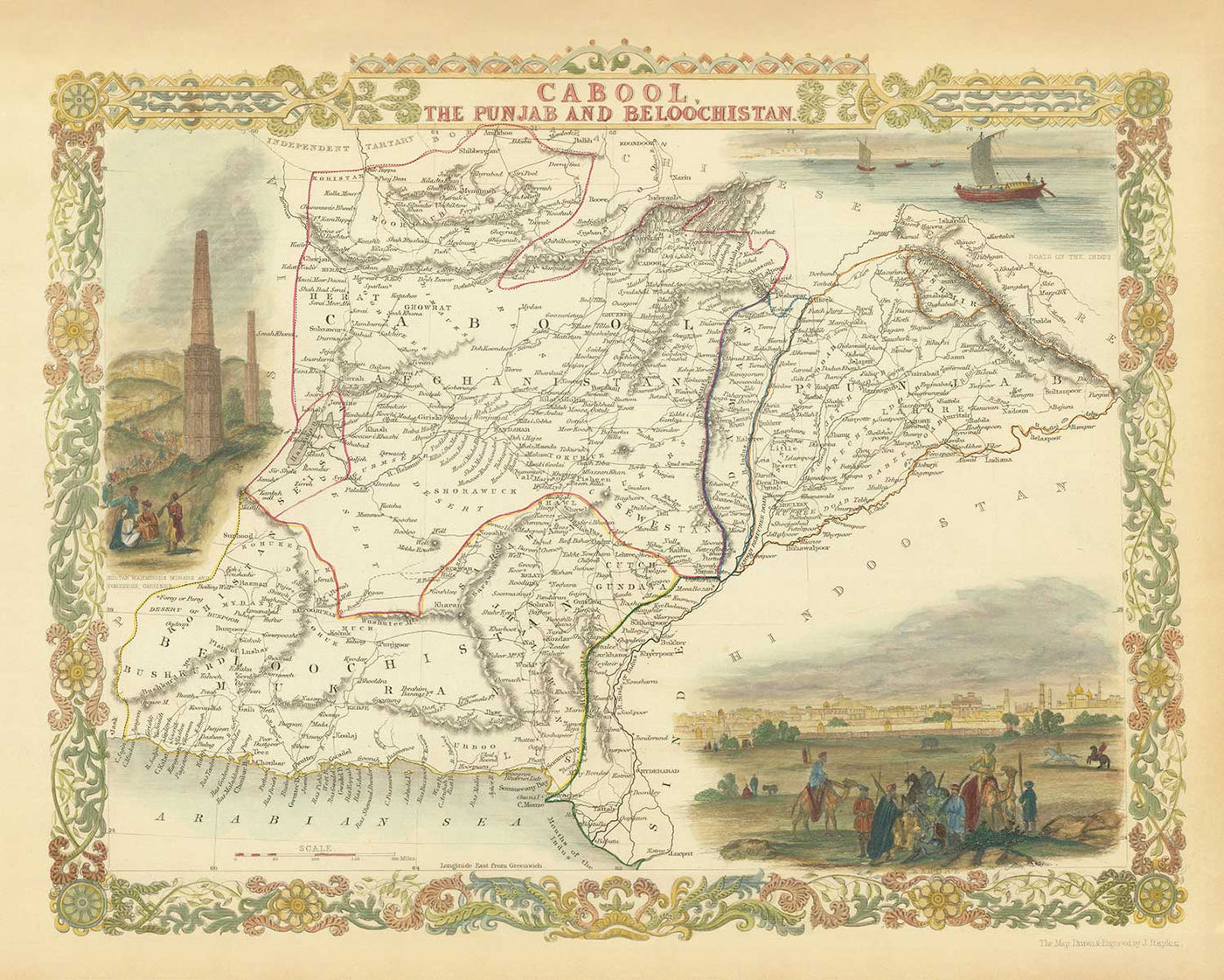 Ancienne carte du Pakistan et de l'Afghanistan, 1851 par Tallis et Rapkin - Cabool, Punjab, Iran, Cachemire, Baloutchistan, mer d'Arabie