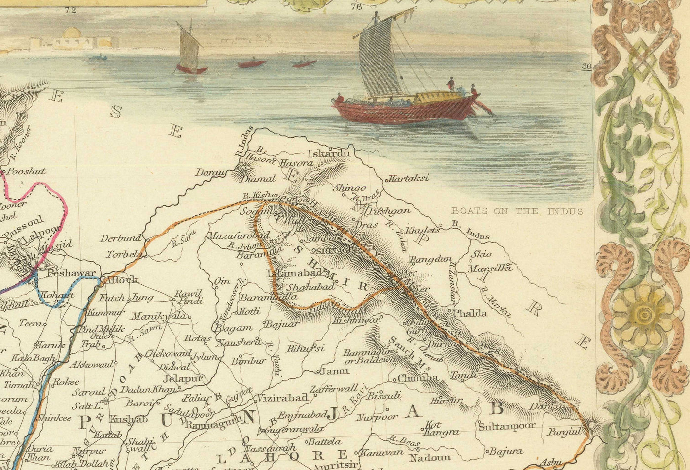 Mapa antiguo de Pakistán y Afganistán, 1851 por Tallis y Rapkin - Cabool, Punjab, Irán, Cachemira, Baluchistán, Mar Arábigo