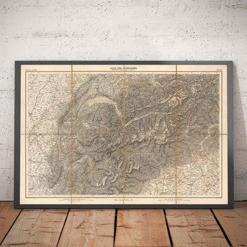 Old Map of the Alps in 1874 by Johann Mayr - Matterhorn, Mont Blanc, Geneva, Rhone, Lausanne, Grenoble, Sierre