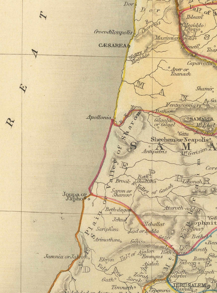 Mappa antica della Palestina nel 1851 - Terra Santa, Canaan, Gerusalemme, Giudea, Samaria, Galilea, Israele, Cisgiordania, Gaza 
