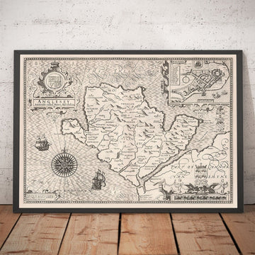 Viejo mapa monocromo de Anglesey, Gales, 1611 de John Speed ​​- Holyhead, Llanfairpwllgwyngyll, Bangor