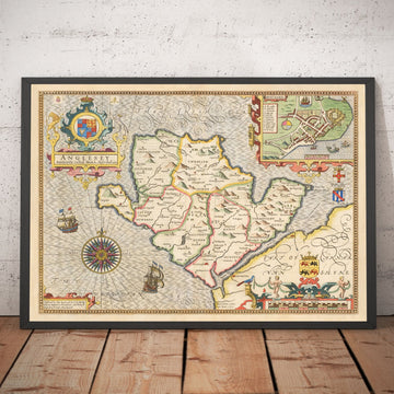 Viejo mapa de Anglesey Wales, 1611 de John Speed ​​- Holyhead, Llanfairpwllgwyngyll, Bangor